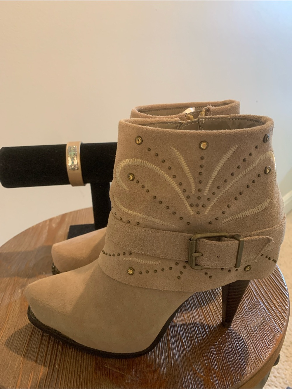 Suede Taupe Ankle Booties with Decorative Studs and Buckle with bracelet